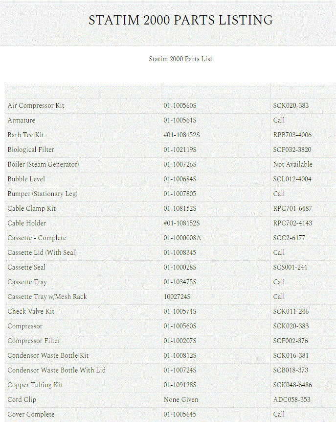 (image for) Statim 2000 Parts Listing